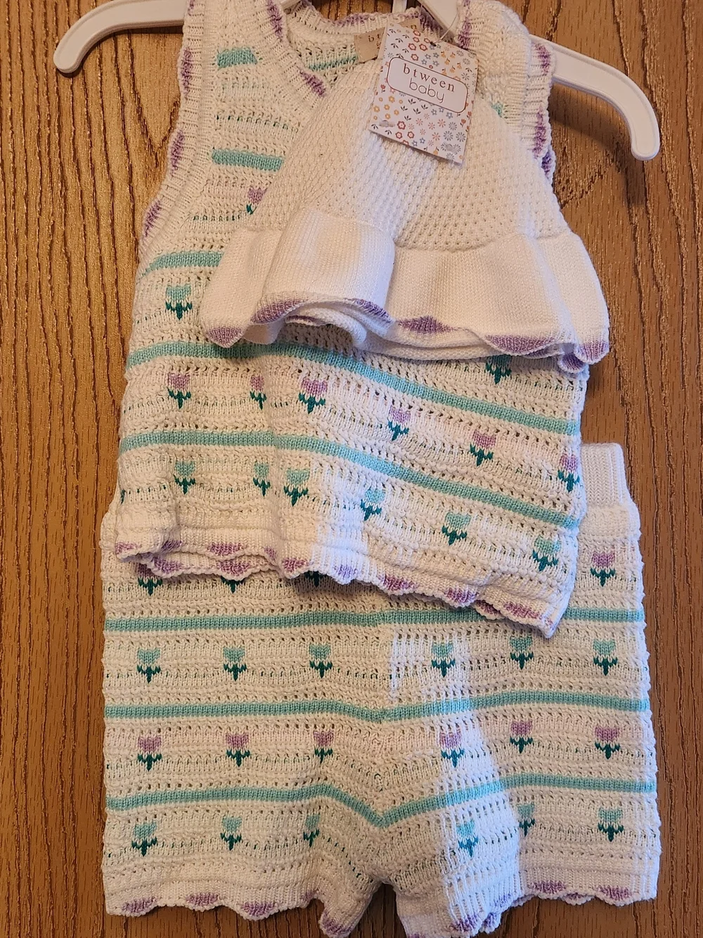 Cream Knit Matching Hat & Short Set with Mint and Lilac Accents